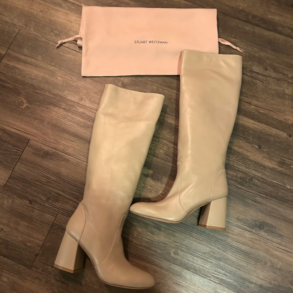 Stuart Weitzman Flareblock 85 Leather Heeled Boots - Dune - Picture 7 of 14